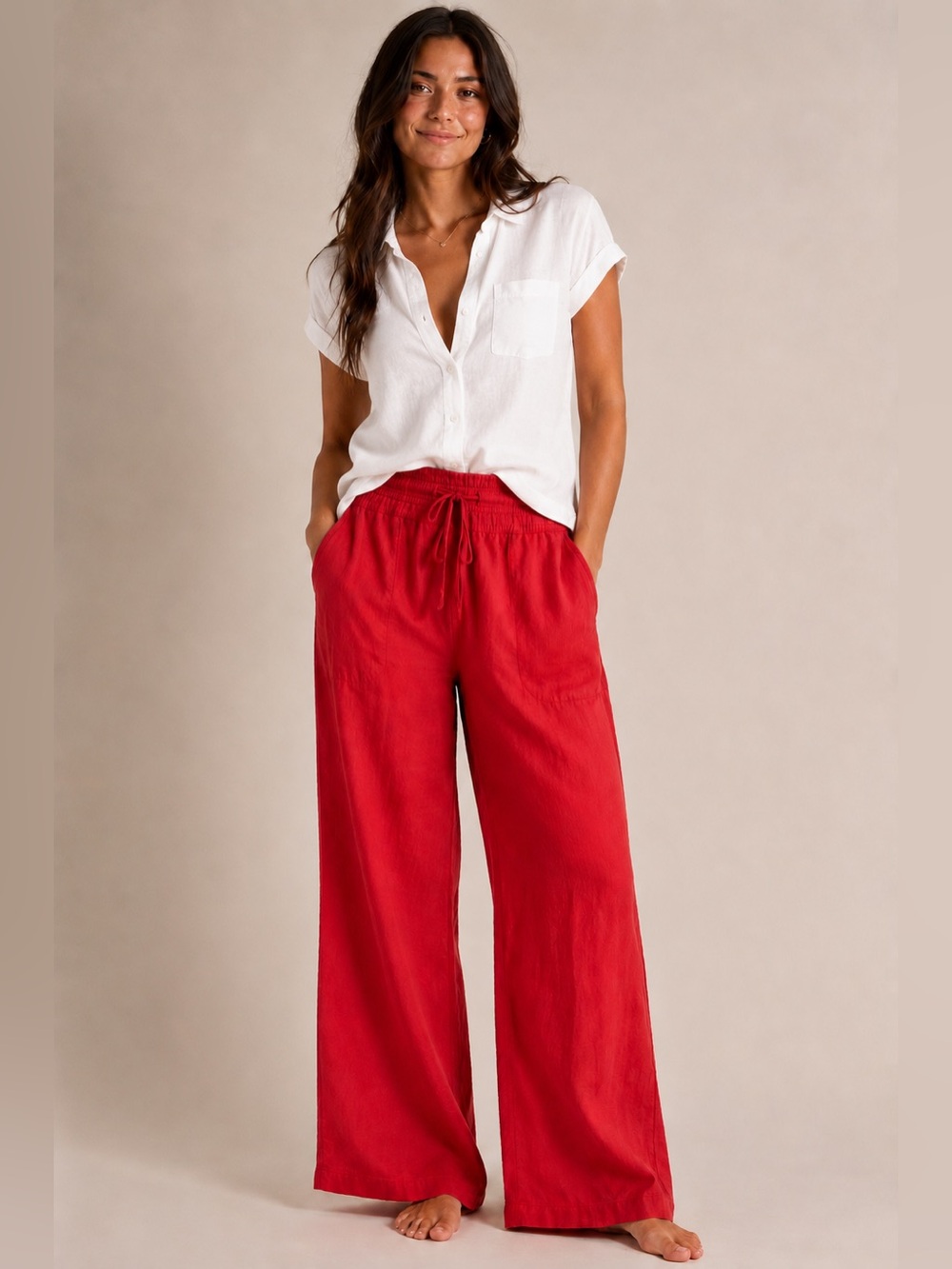 GO > LINEN 100% Linen Red Drawstring Wide Leg Pants Size 2 Coastal Resort